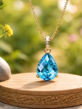 New 14k Yellow Gold Swiss Blue Topaz Pendant with Diamonds ( NO CHAIN )